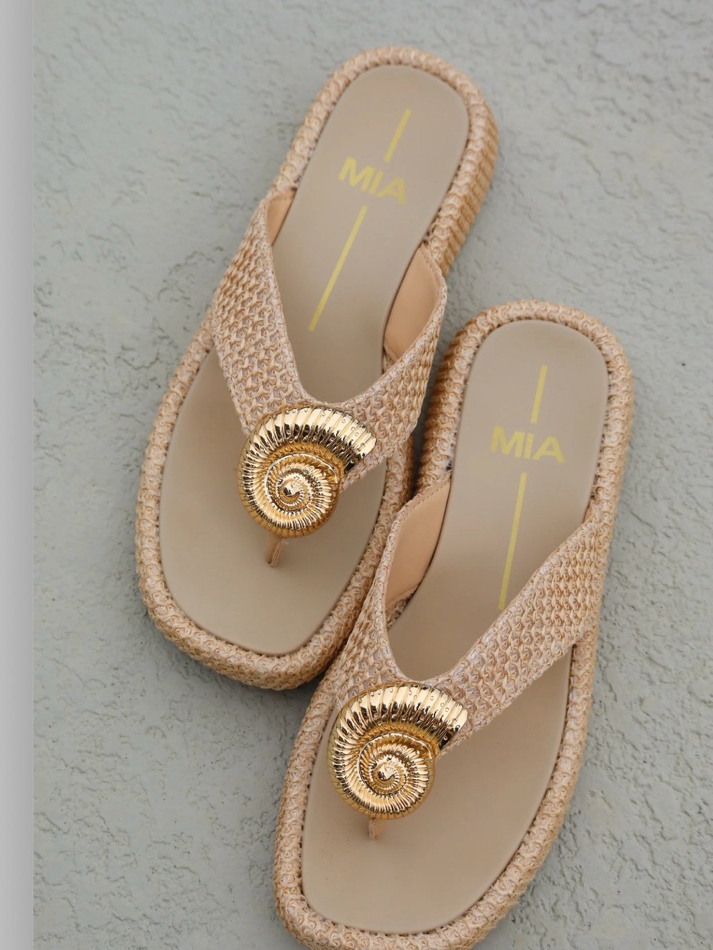 MIA Beige Woven Toe-Post Sandal with Gold Shell Medallion